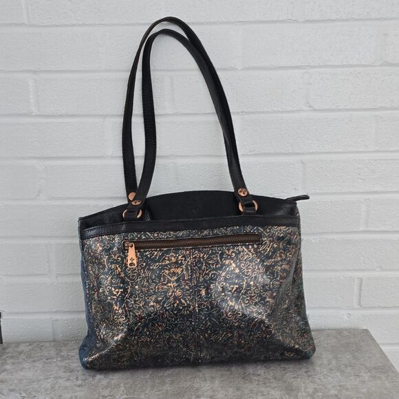 Patricia Nash Handbags - Patricia Nash Black Gold Embossed Floral Tote Bag Metal Hardware Medium